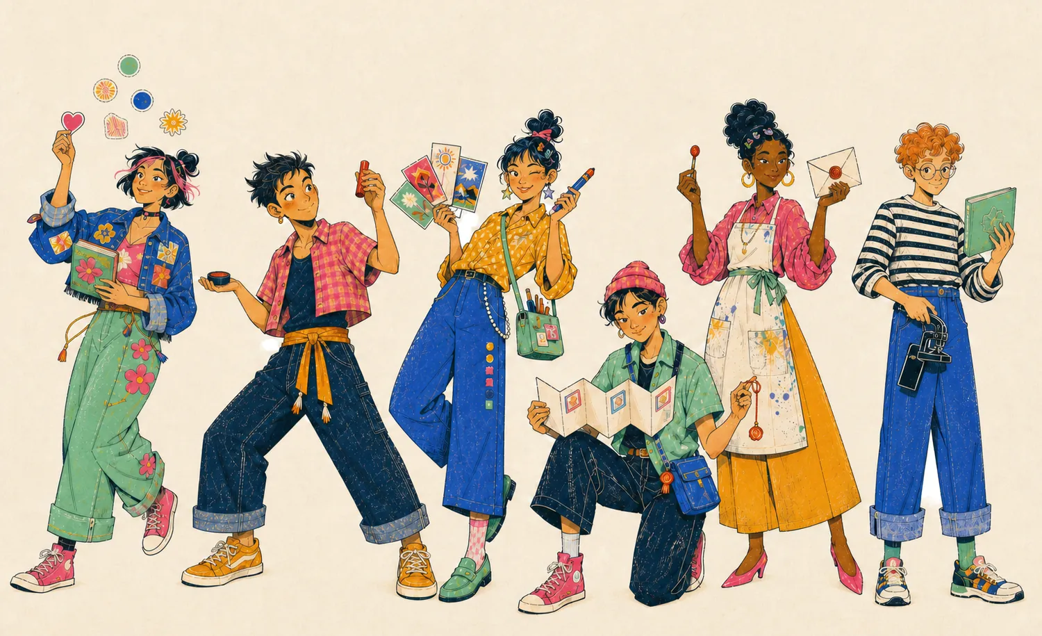 Six illustrated makers standing in a row, each holding their craft: a sticker sheet, a stamp, postage, a folded map, a wax seal and a book.