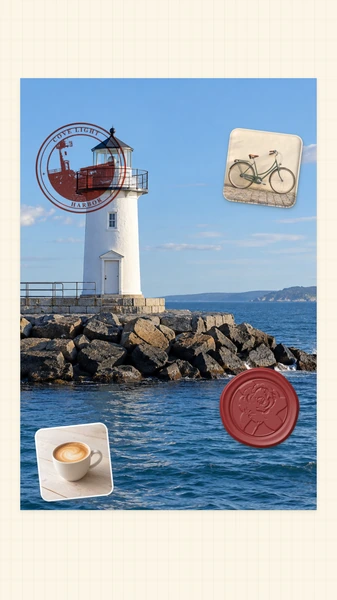 A lighthouse photo decorated with a station stamp, a wax seal and puffy stickers, in story format