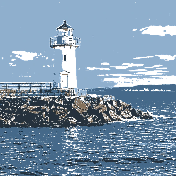 A lighthouse scene printed in four inks