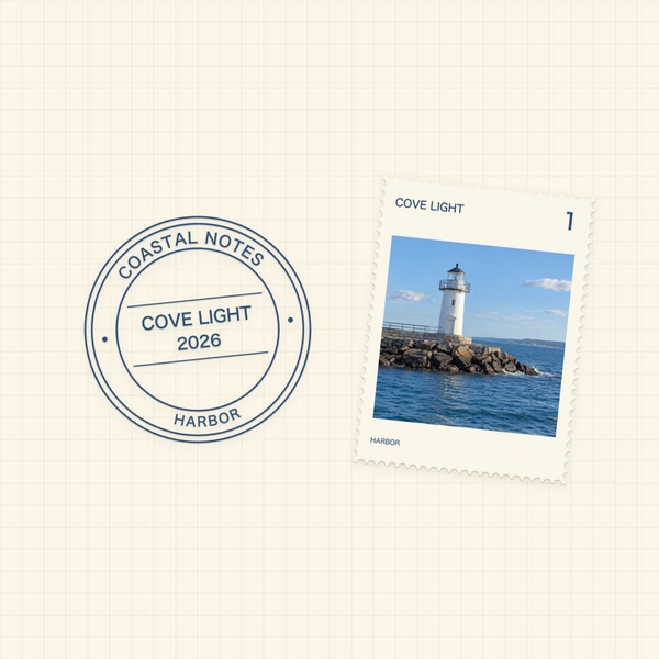 A perforated lighthouse stamp beside a circular postmark