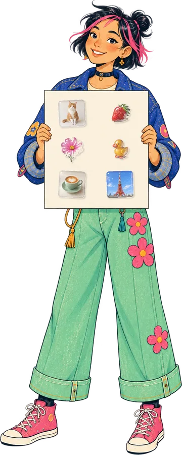 Niko holding up a sheet of puffy stickers made from photos