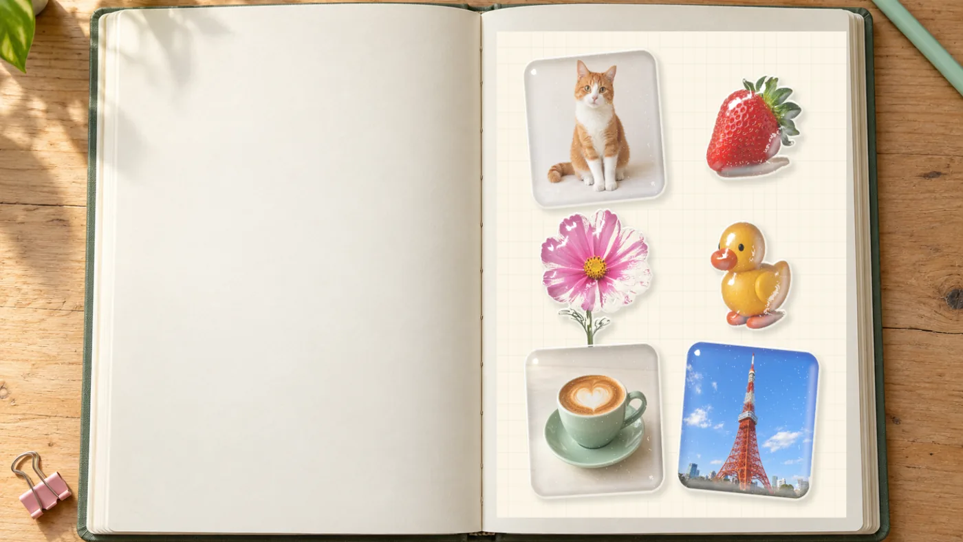 An open sticker book with a page of puffy stickers: a cat, a strawberry, a cosmos, a duck, a latte and Tokyo Tower